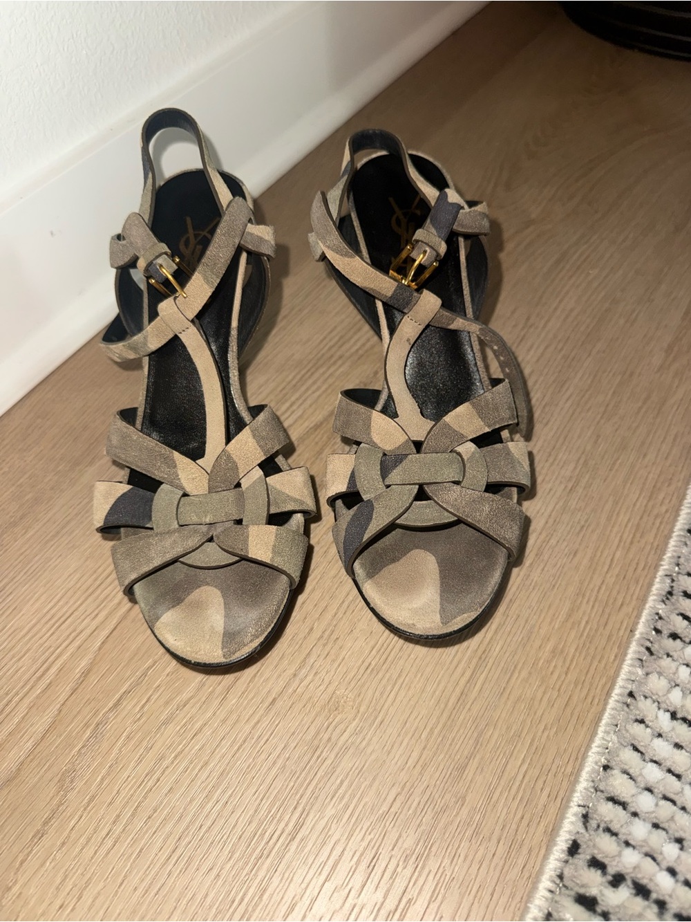 Yves Saint Laurent Two-Tone Beige Suede Strappy Heels with Knot Detail